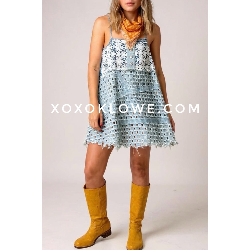 POL Convertible Denim Top Dress | Lace Overlay Boho Western - Picture 9 of 10